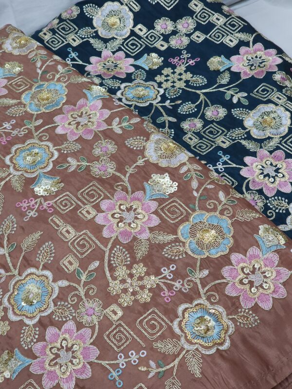 Designer Embroidered Silk Fabric with Pastel Floral Motifs