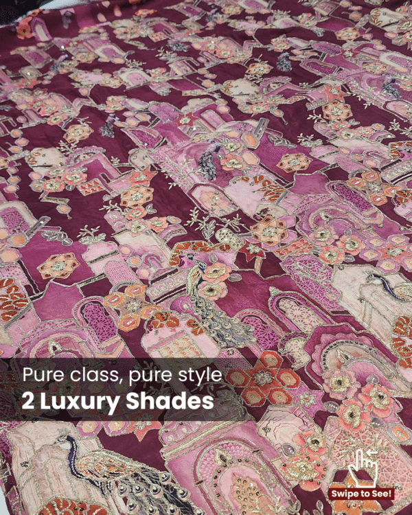 Majestic Peacock Embroidered Velvet – 2 Luxury Shades Fabric