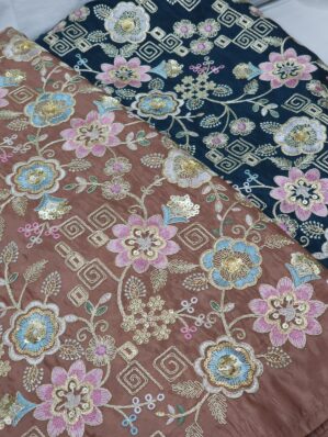 Designer Embroidered Silk Fabric with Pastel Floral Motifs