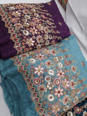 Heavy Floral Embroidered Silk Blend Fabric with Sequin Work